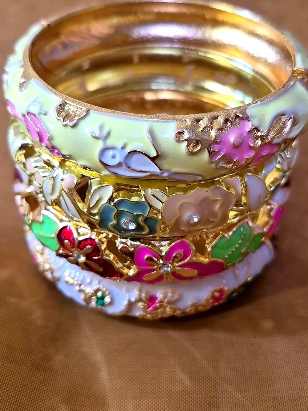 Floral Enamel Gold-Tone Stackable Bangle Bracelets - Pink, Green, White